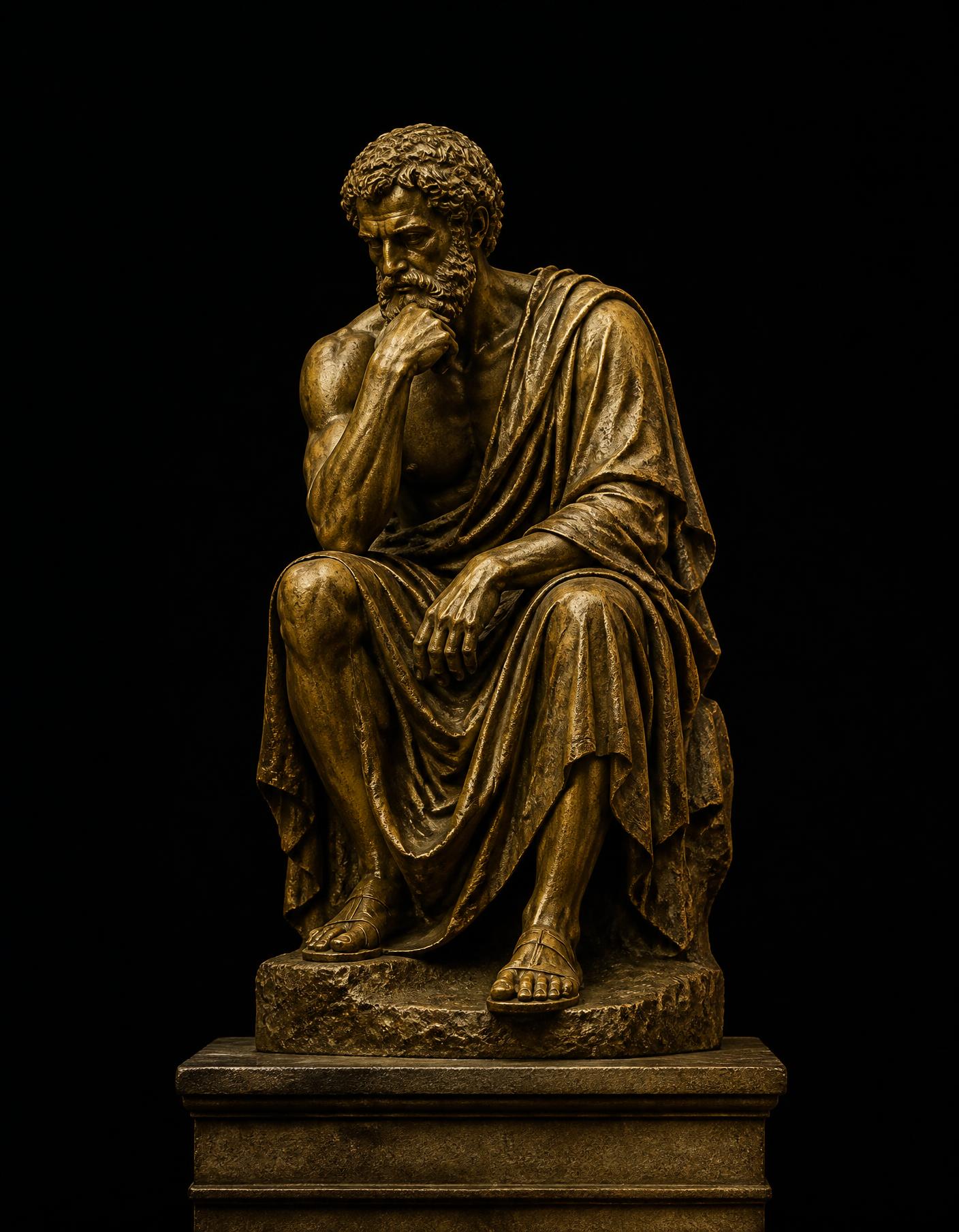 Escultura en bronce de un filósofo sentado en profunda contemplación